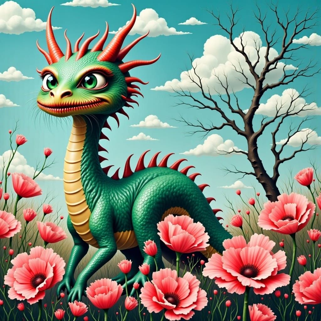 Surreal Cartoon Dragon in Candy-Colored Garden