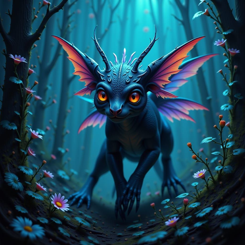 Fantastical Creature in Bioluminescent Forest