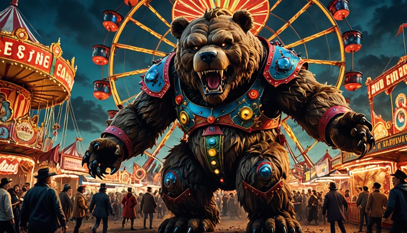 Teddy Bear Kaiju Stomps Victorian Carnival, Pop Art Style