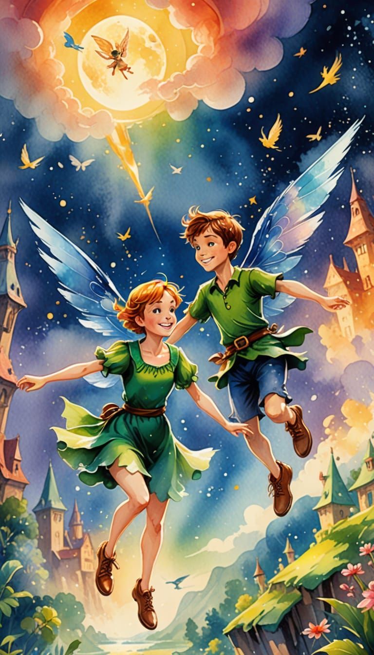 Peter Pan and Tinkerbell Fly in Neverland