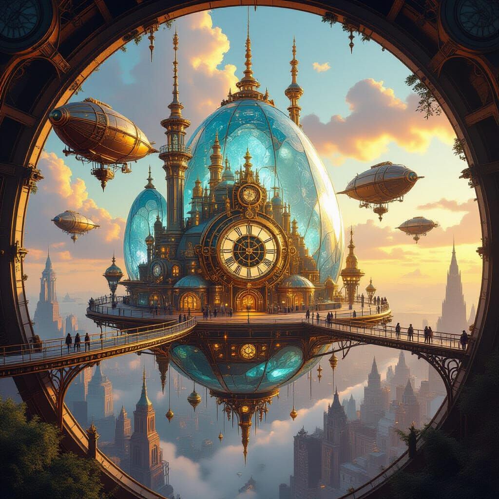 Steampunk Geode City with Clockwork and Crystal Conduits