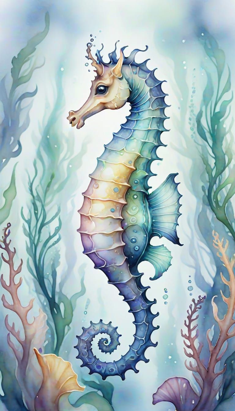 Bioluminescent Seahorse Spirit in Watercolor Kelp Forest