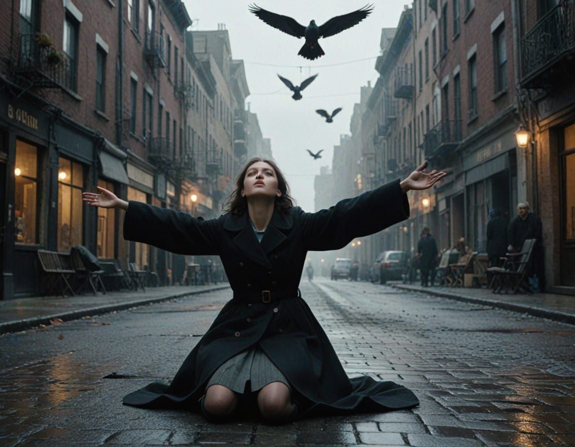 Young Woman Looks Up in Shock Beside Flailing Pigeon in City...