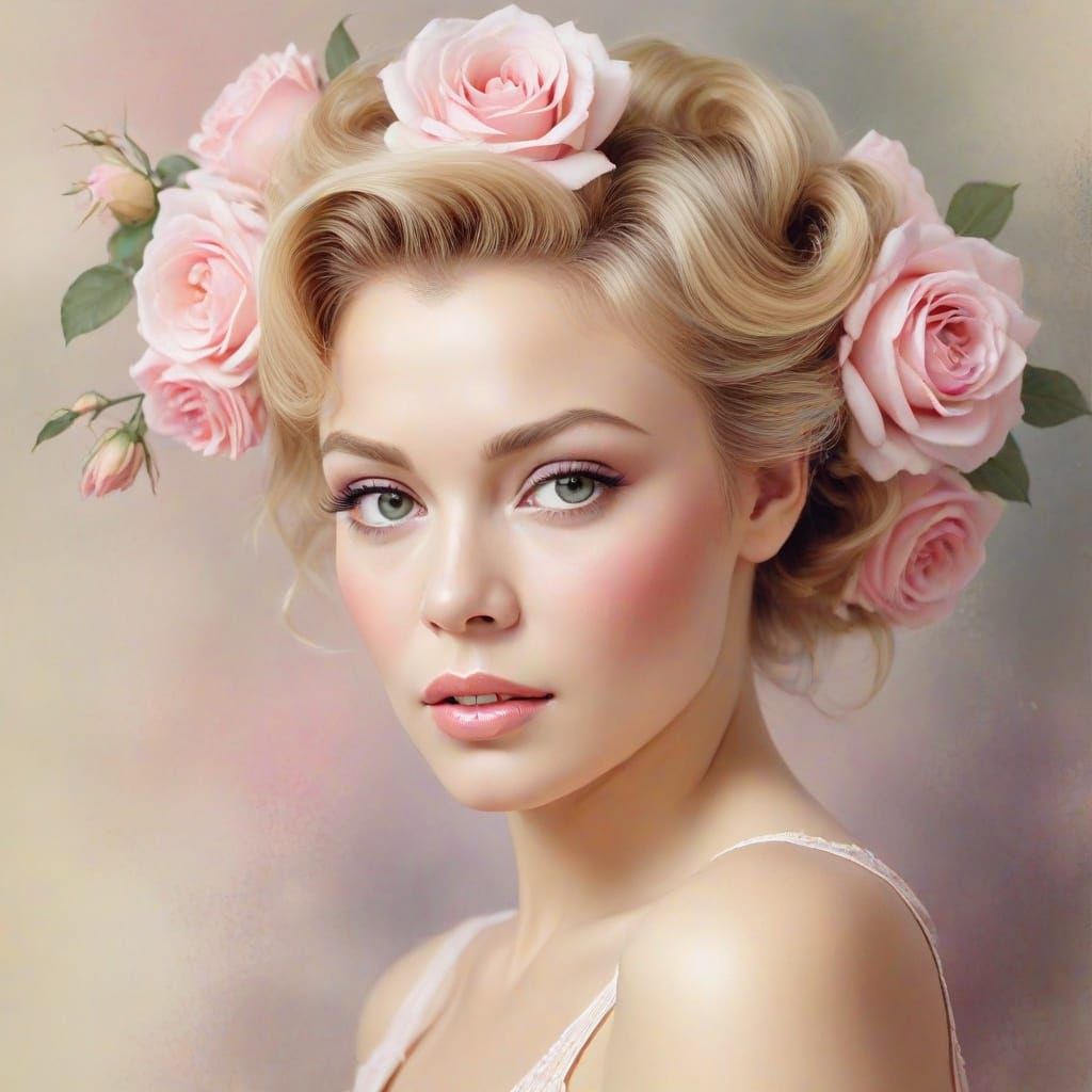 Ethereal Watercolor Portrait With Pink Roses