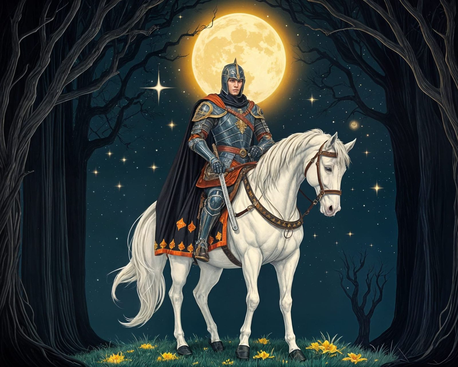 Regal Knight on White Horse under Starry Night Sky in Vintag...