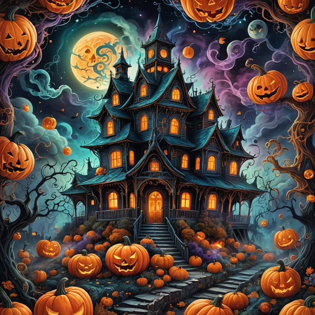 Cosmic Haunted House with Glowing Pumpkins, Mystical Realism