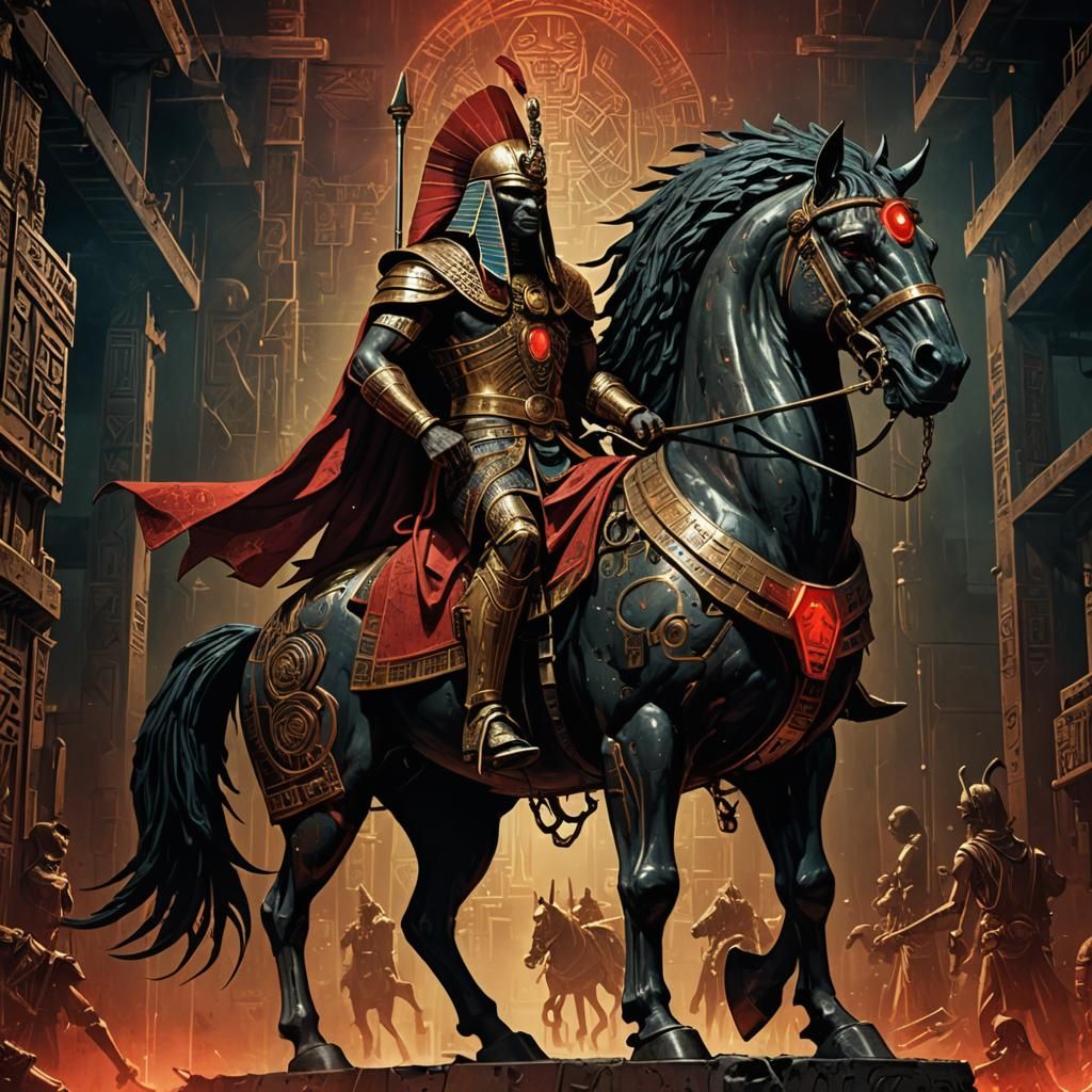 Pharaoh Neferkha on Armored Horse in Industrial Art