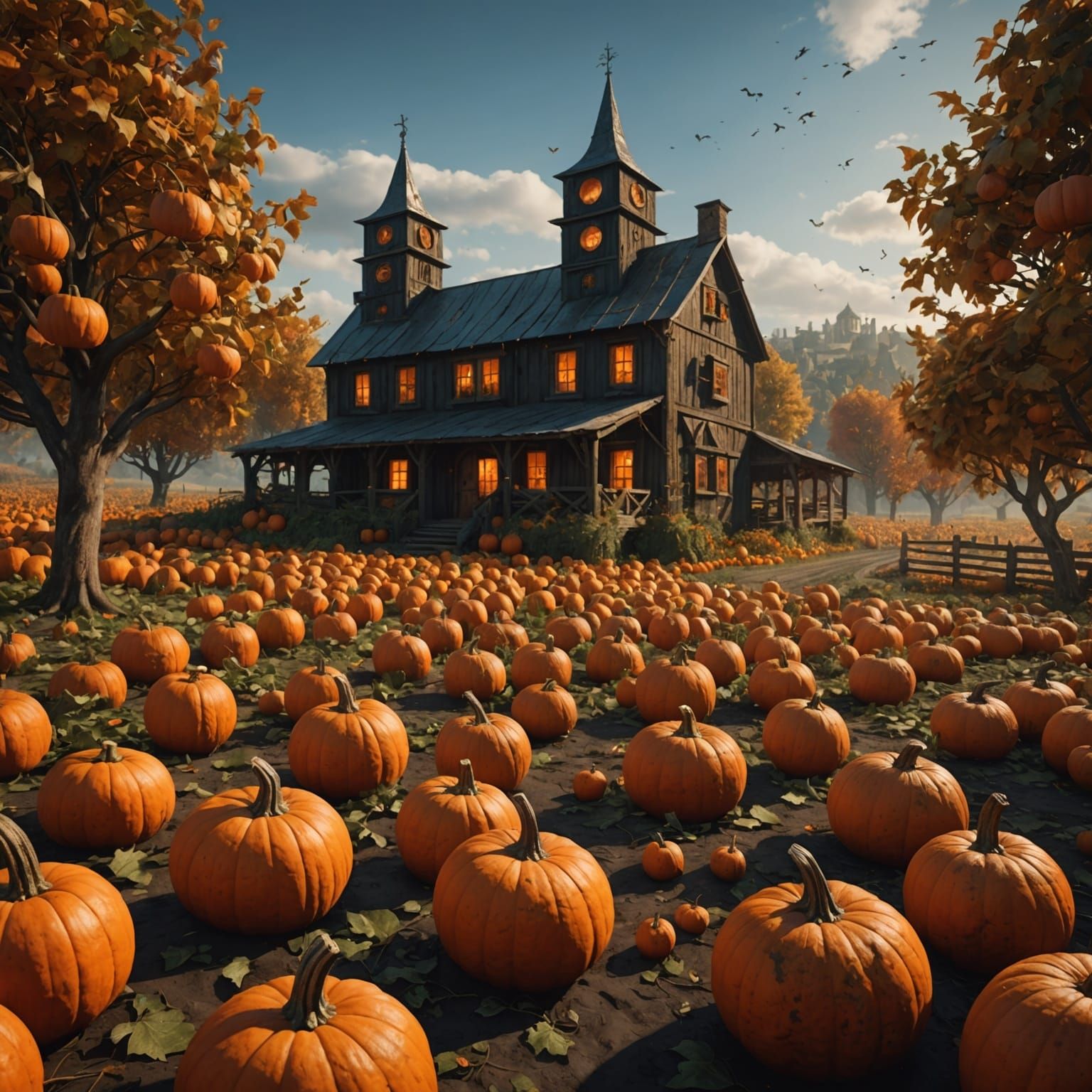 Fantastical Pumpkin Farm in Detailed Matte Painting