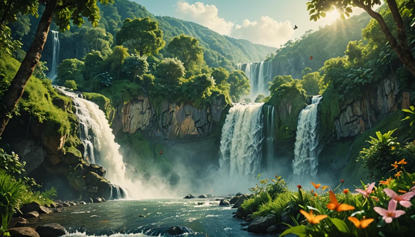 Paradise Waterfall with Butterflies in Cinematic Style