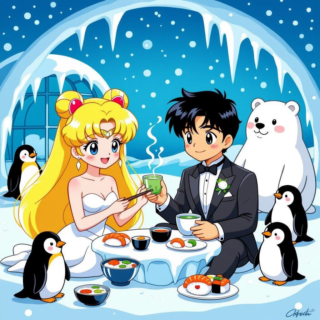 Usagi and Mamoru in Igloo, Murakami-Inspired Art
