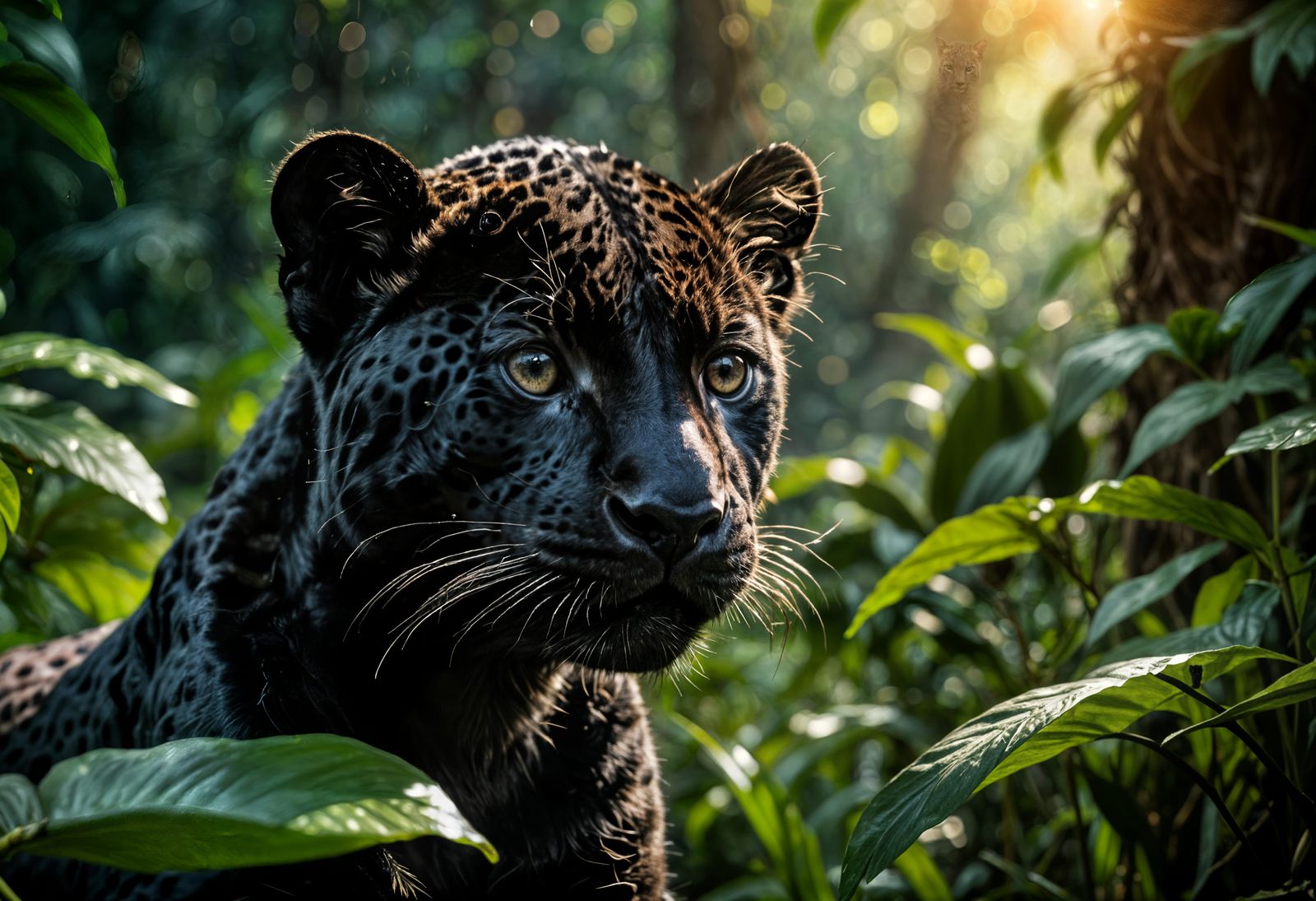 Baby Black Jaguar Portrait in Tropical Jungle