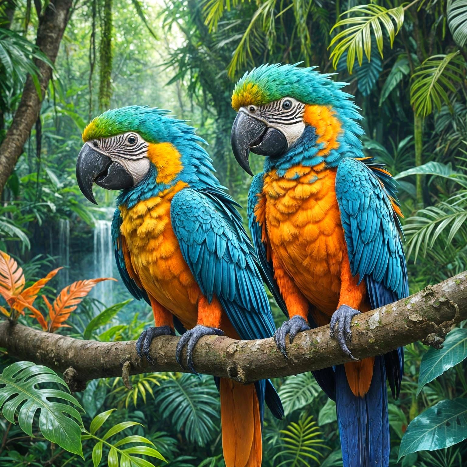 A pair of vibrant blue spix macaws on a Caraibeira tree branch