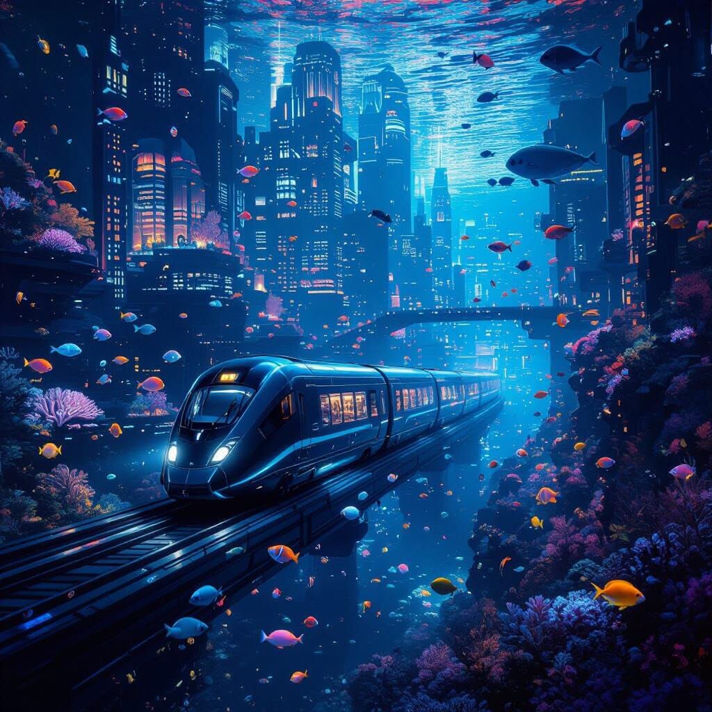 Underwater City Train Amidst Bioluminescent Coral and Fish