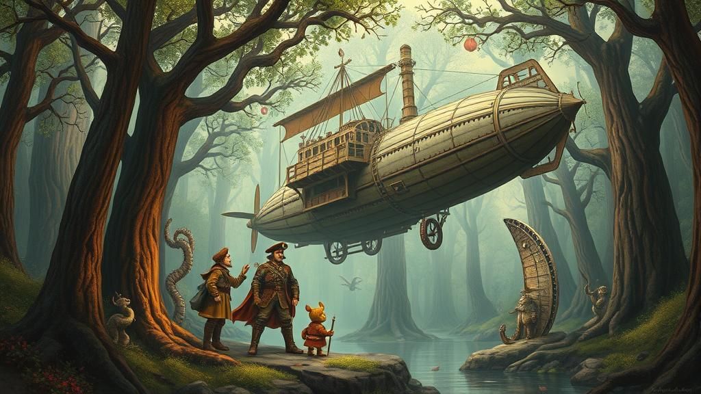 Steampunk Airship Repair in Mystical Forest Dreamscape