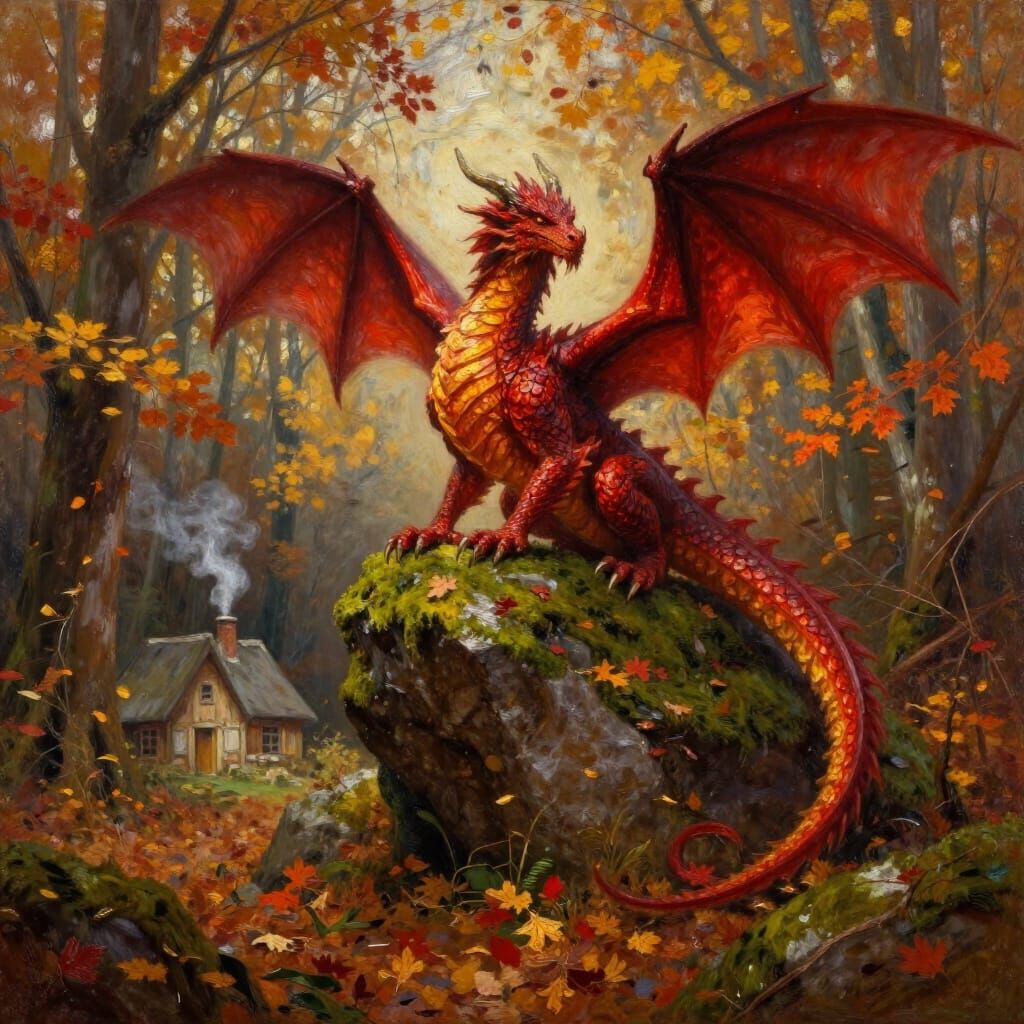 Majestic Red Dragon in Autumn Forest Oil Painting