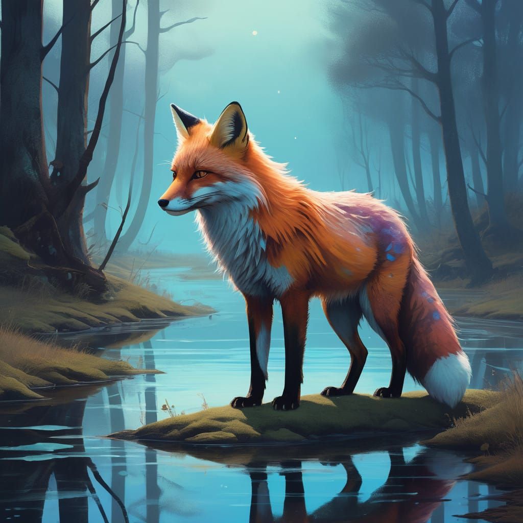 Mystical Liquid Fox in Dreamlike Surrealist Landscape