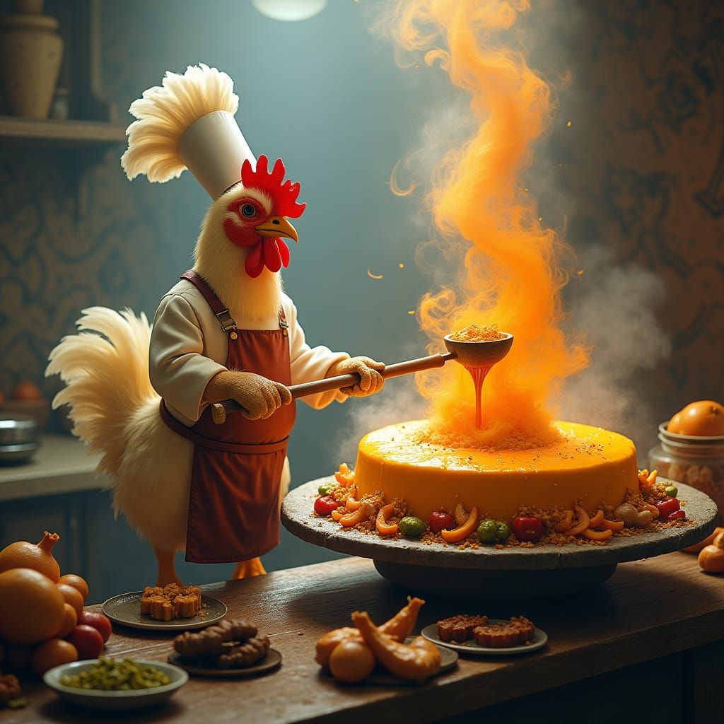 Chicken-Man Chef Ladling Garlic Sauce in Mystical Kitchen
