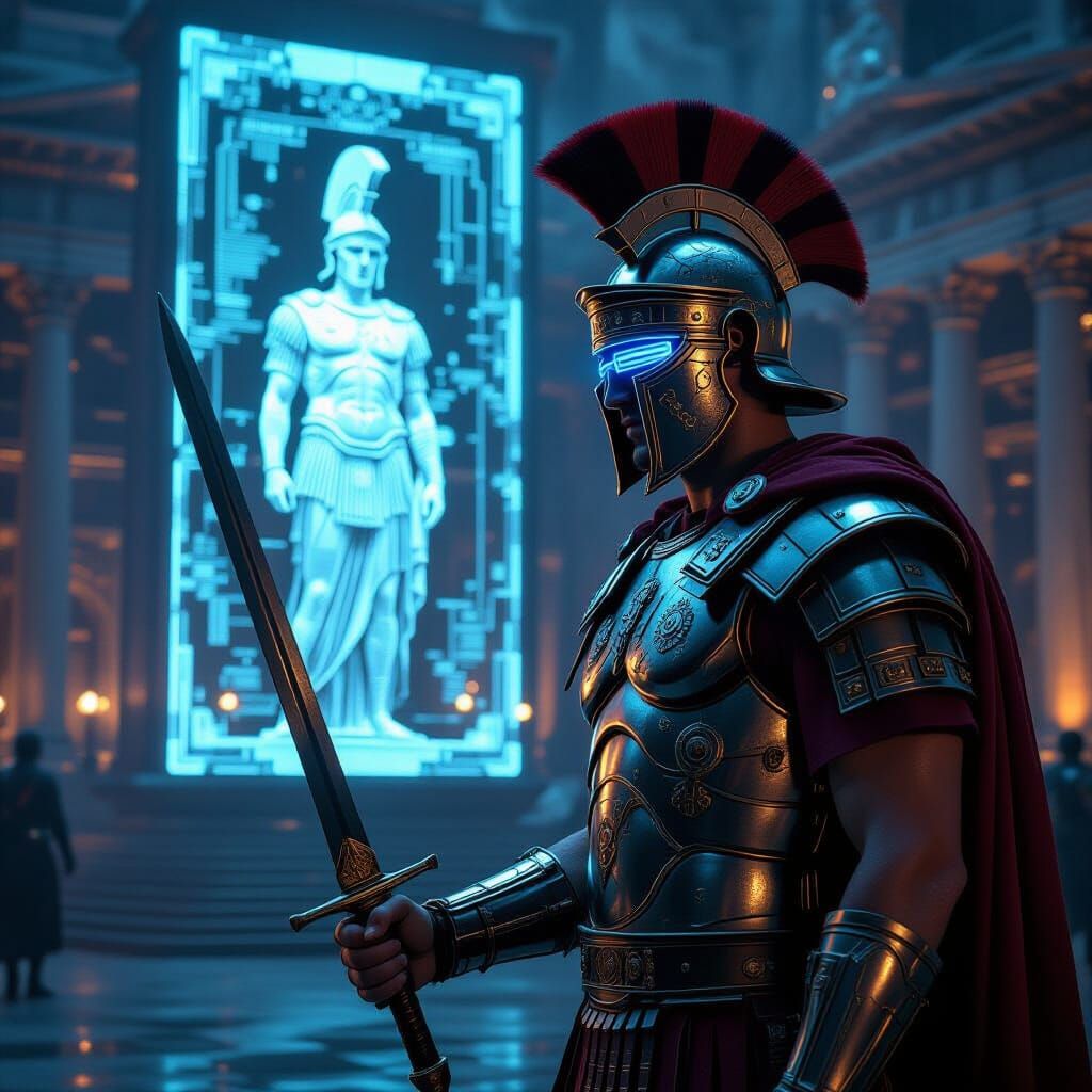 Cyberpunk Roman Centurion with Holographic Display