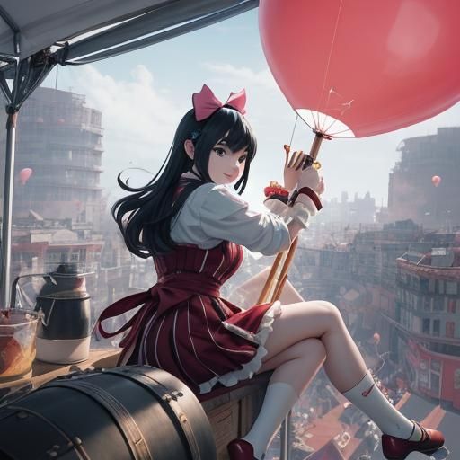 Kitten on Tightrope Gazing at Balloon, 3D Anime Art