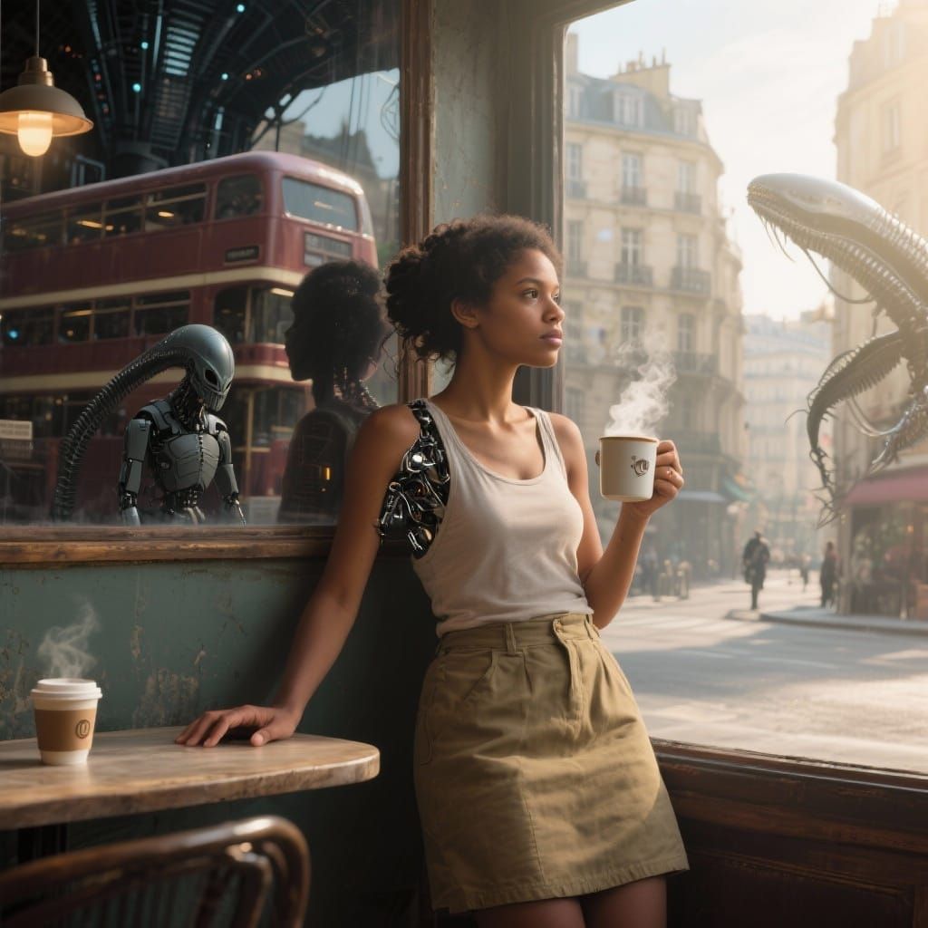 Magical Paris Coffeehouse Scene with Biomechanical Woman