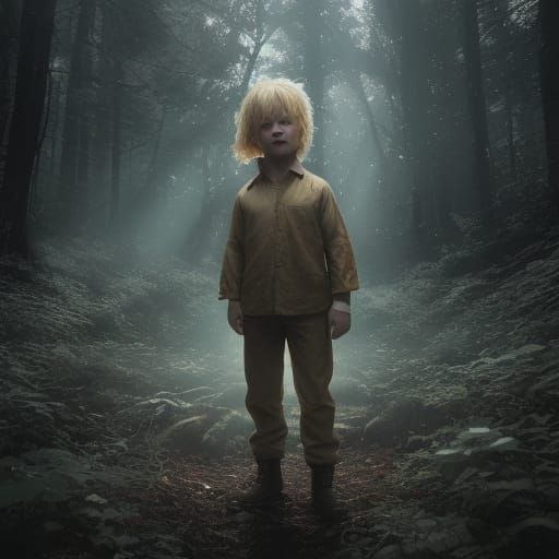 Child with Fiery Eyes in Dark Forest
