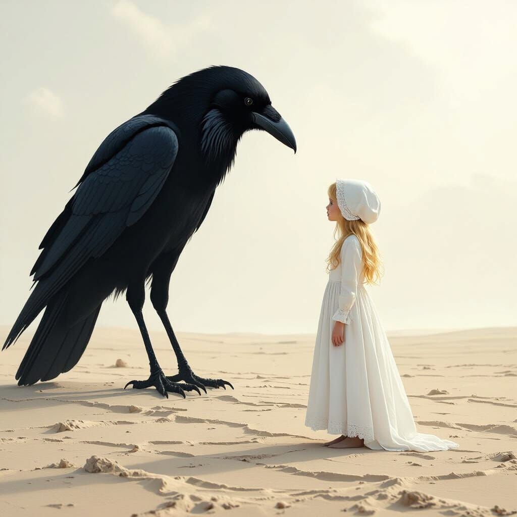 Girl in White Dress Meets Giant Crow on Barren Plain