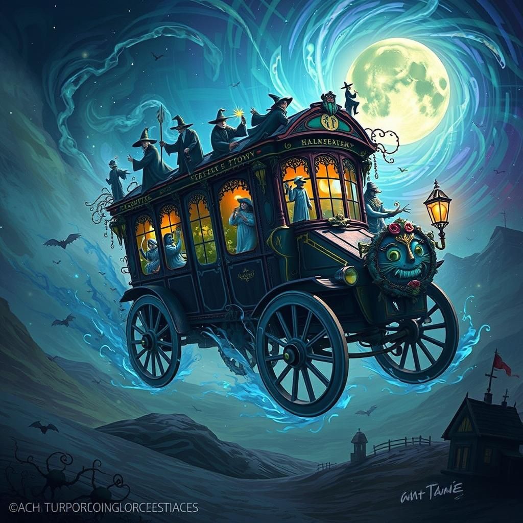 Halloween Town Bus Soaring in Whimsical Digital Art
