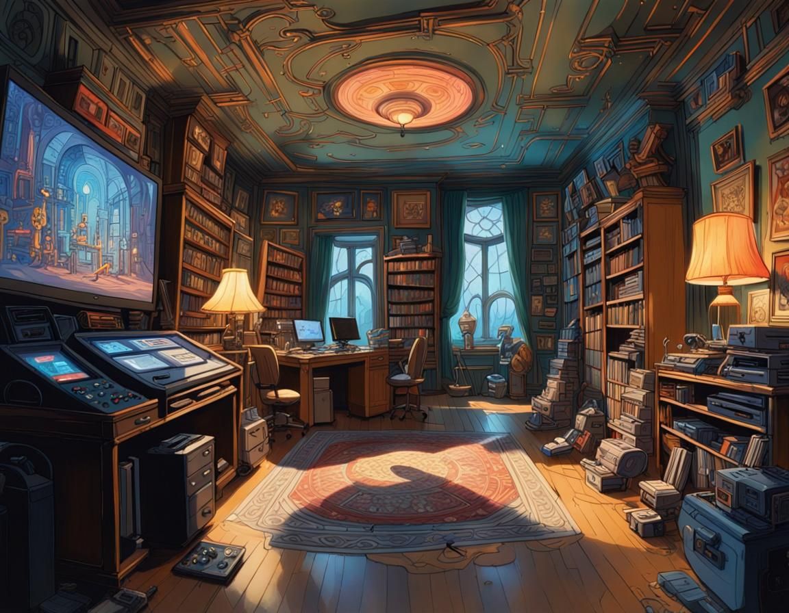 Detailed Maximalist Gaming Room in Gouache Style