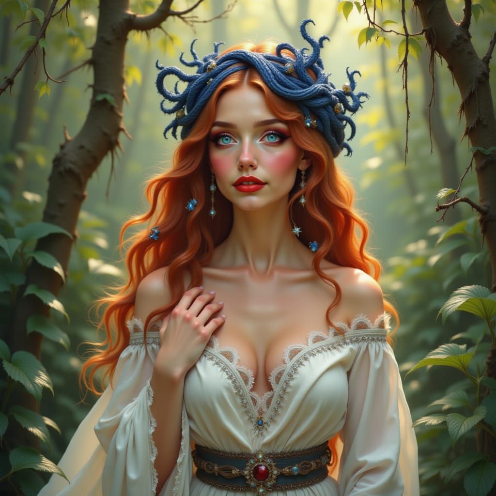 Ethereal Beauty in Fantasy Forest, Alphonse Mucha Style
