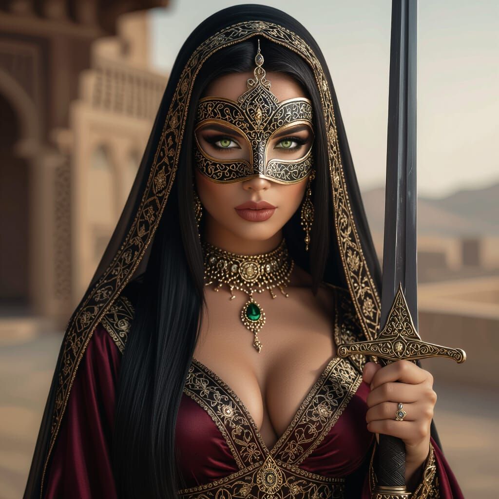 Arabian Warrior Empress in Elegant Dress with Sword