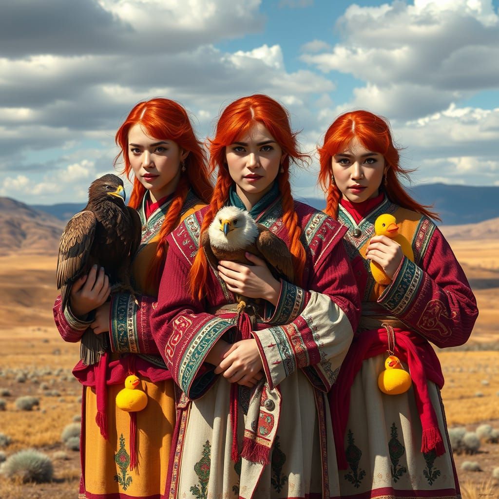 Mongolian Horsewomen Stand Proud in Vibrant Steppe Landscape