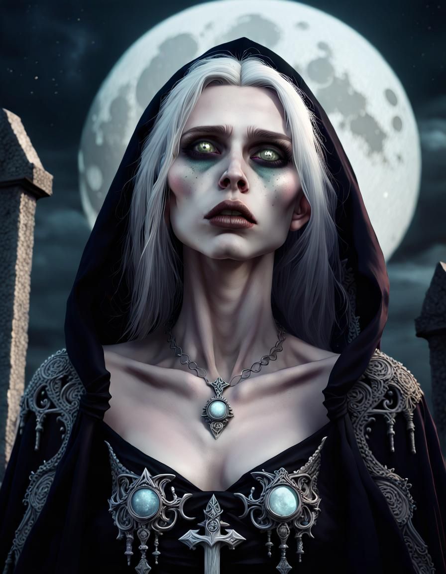 Gothic Witch Portrait in Cemetery Under Moonlight