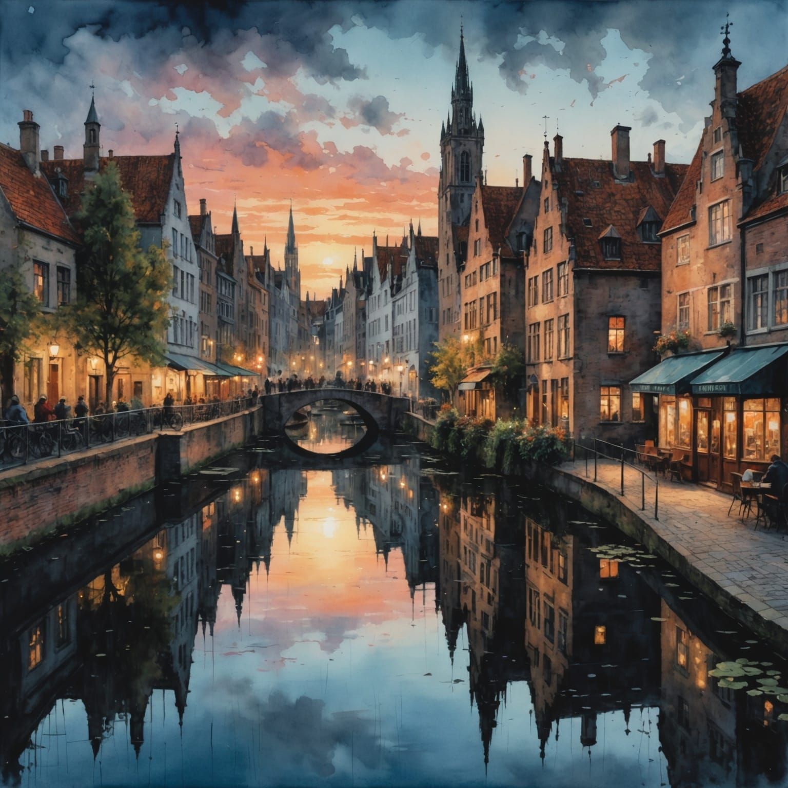 Bruges Cityscape with Romantic Lake and Park