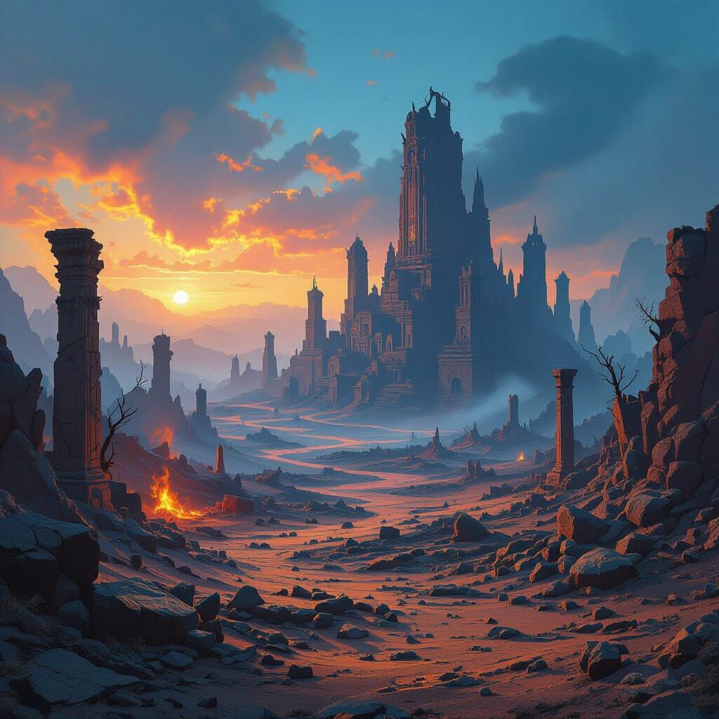 Scorched Fantasy Landscape in Matte Painting Style