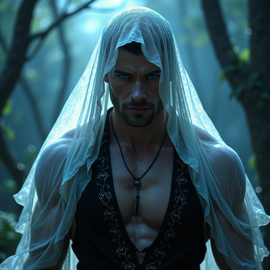 Mystical Veiled Man in Enchanted Castle Twilight