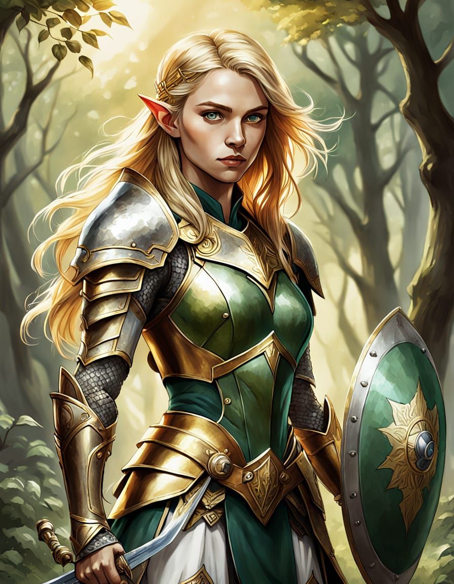 Fantasy Elf Warrior in Watercolor Style