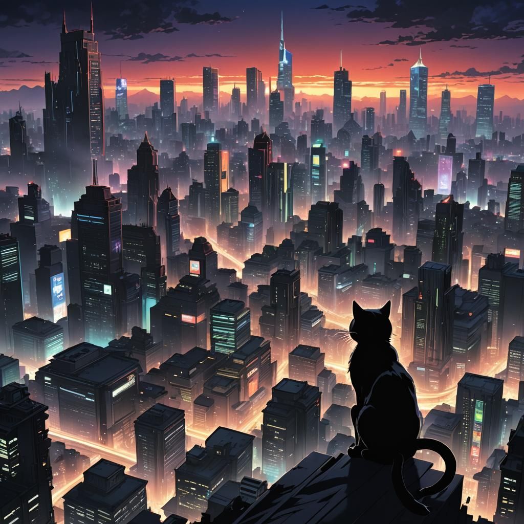 Elegant Cat in Dystopian City: Anime Key Visual