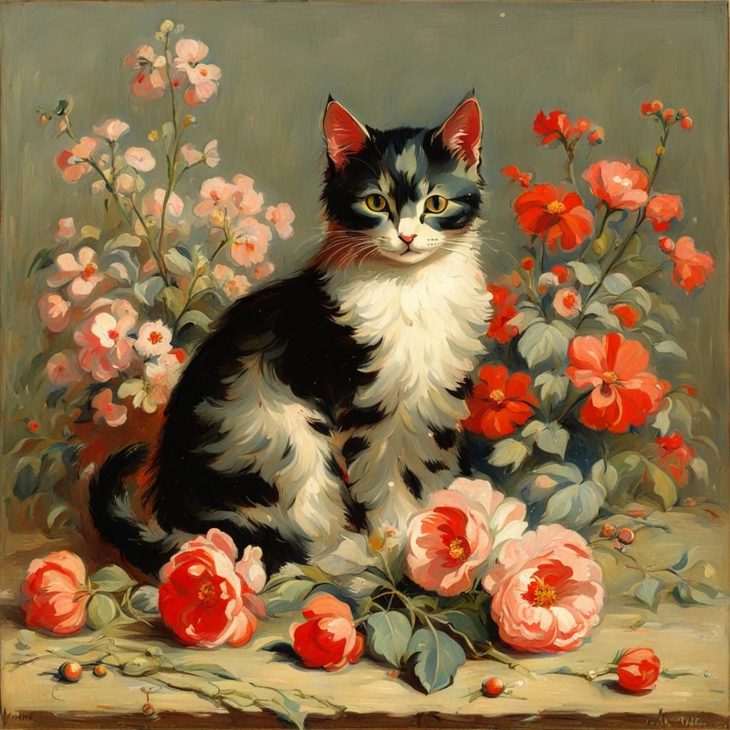 Impressionist Cat in Whimsical Floral Setting
