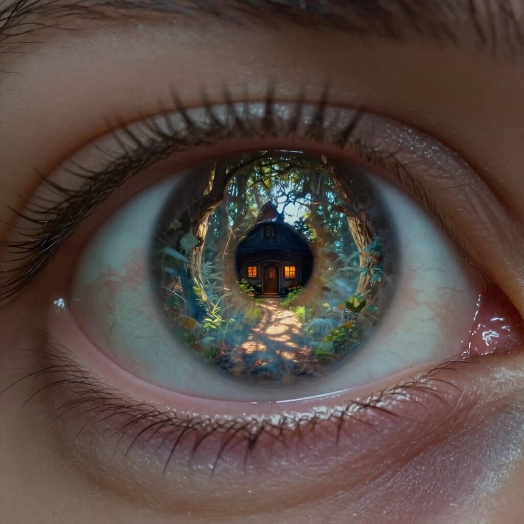 Glass Eye Reflecting Enchanted Forest Cottage