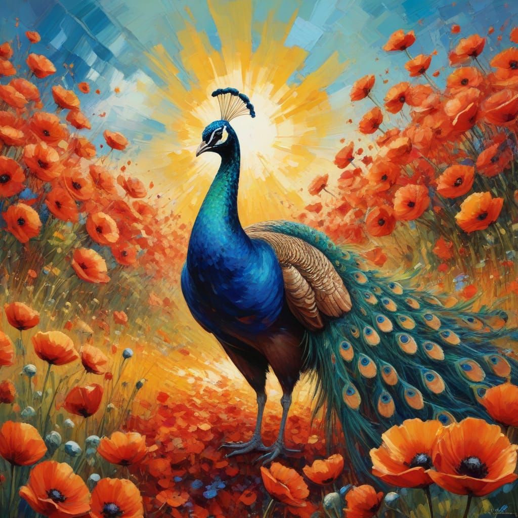 Peacock in Poppy Field: Impressionistic Oil Painting