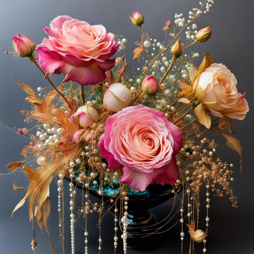 Baroque Ikebana with Roses, Gypsophila and Bioluminescence