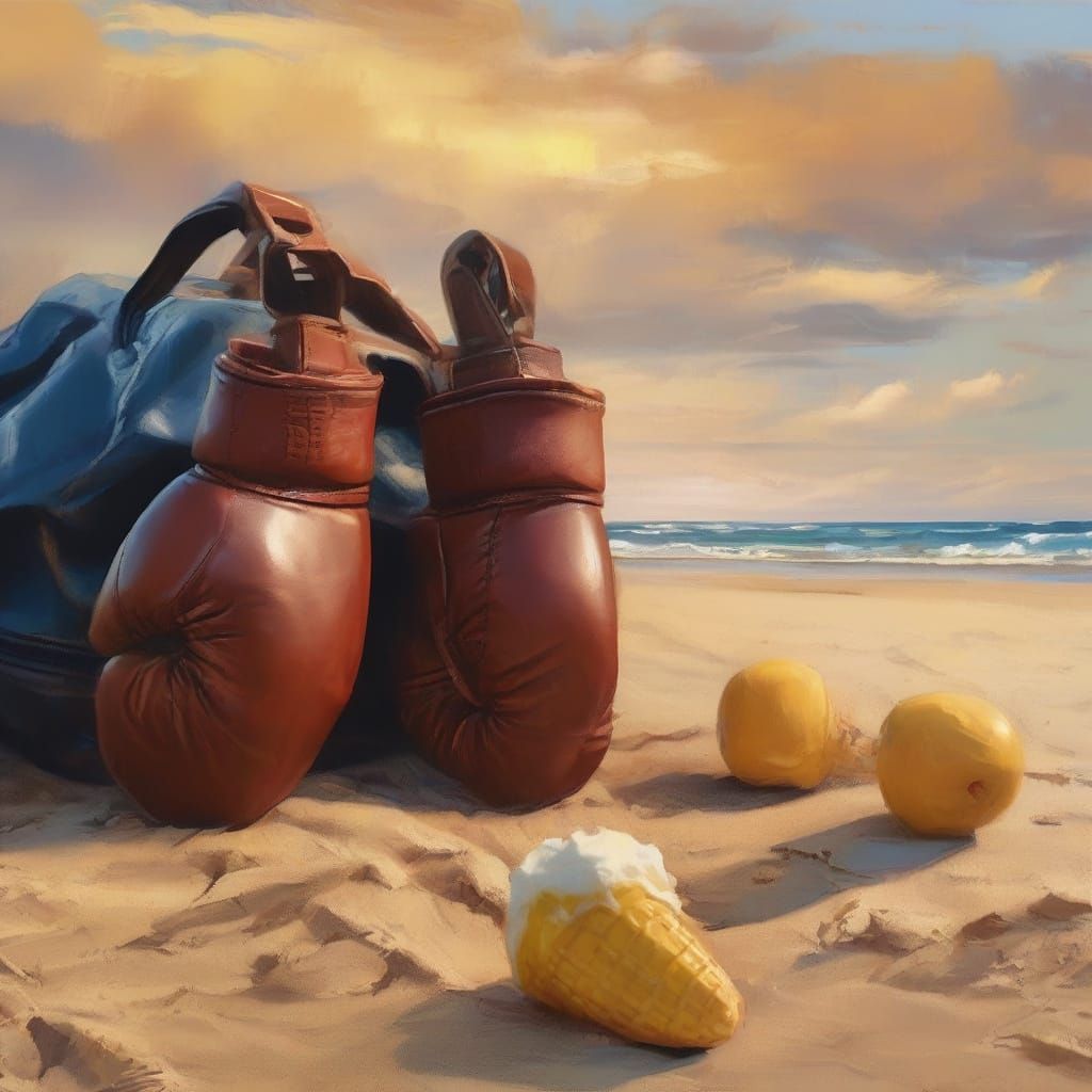 Golden Seaside Boxing: Vibrant Oil Painting