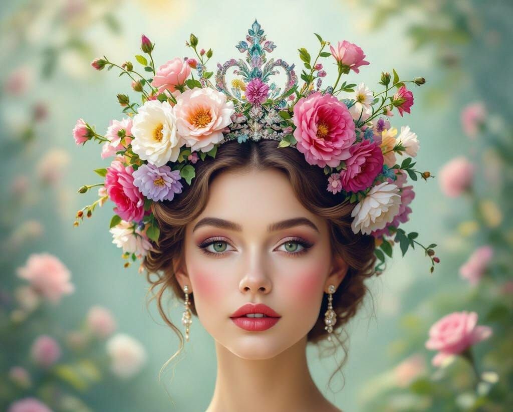 Ethereal Queen With Floral Crown in Enchanted Garden