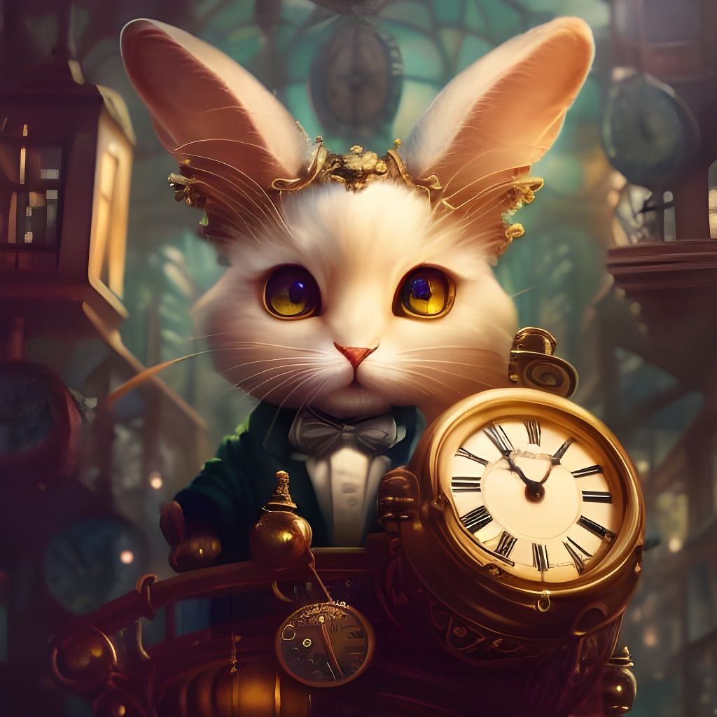 Chibi Rabbit Watchmaker in Ornate Clock Shop