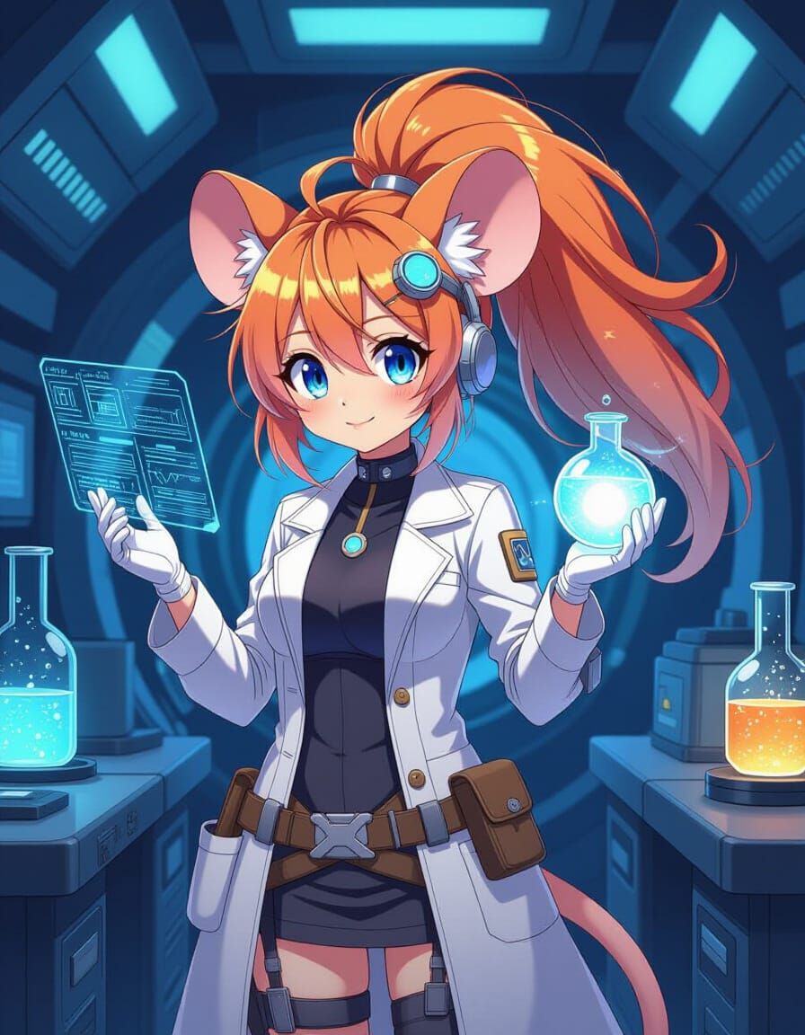 Fantasy Mouse Scientist in Anime Style Science Bay