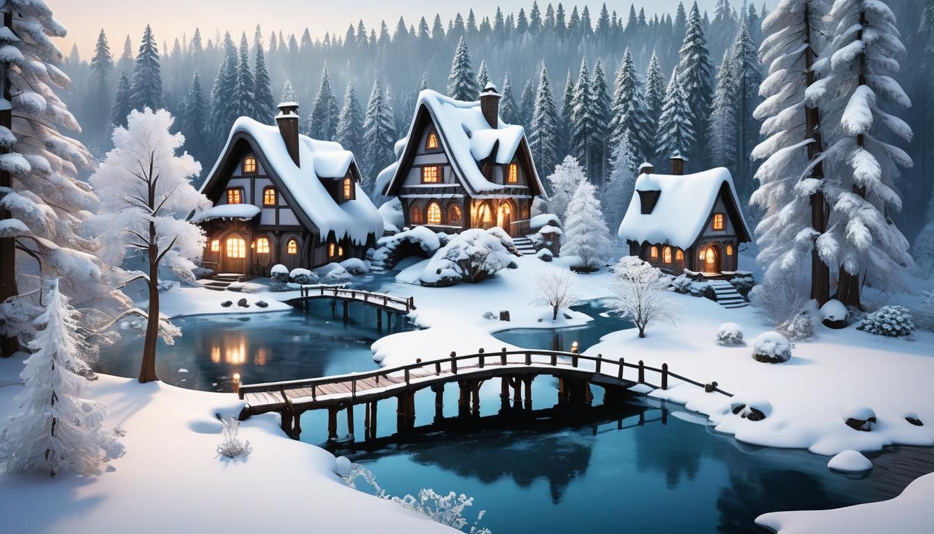 Winter Cottages in a Tranquil Fantasy Landscape