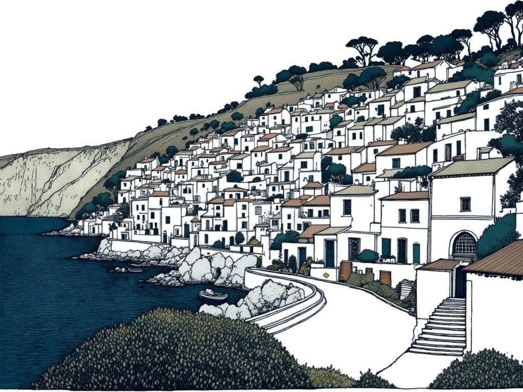 Santorini Fishing Village: Linocut Watercolor Painting