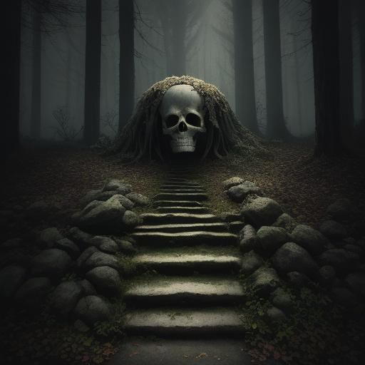 Dark Fantasy Skeleton Steps from Tree: Moody Illustration