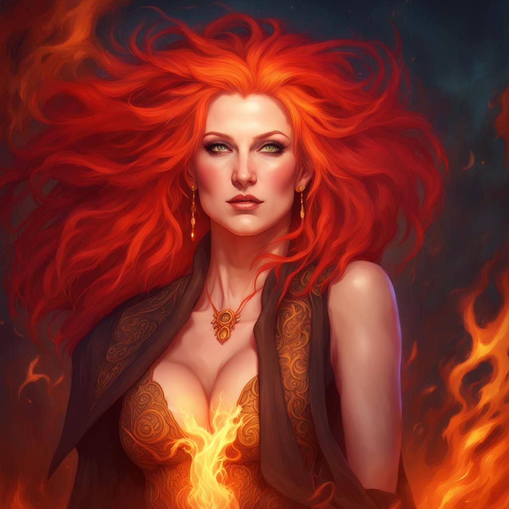 Fantasy Sorceress with Fire Dress, Digital Art