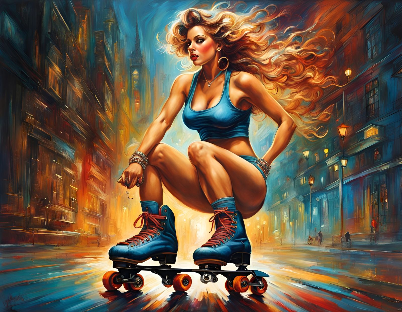 Voluptuous Women on Roller Skates: Detailed Oil Painting